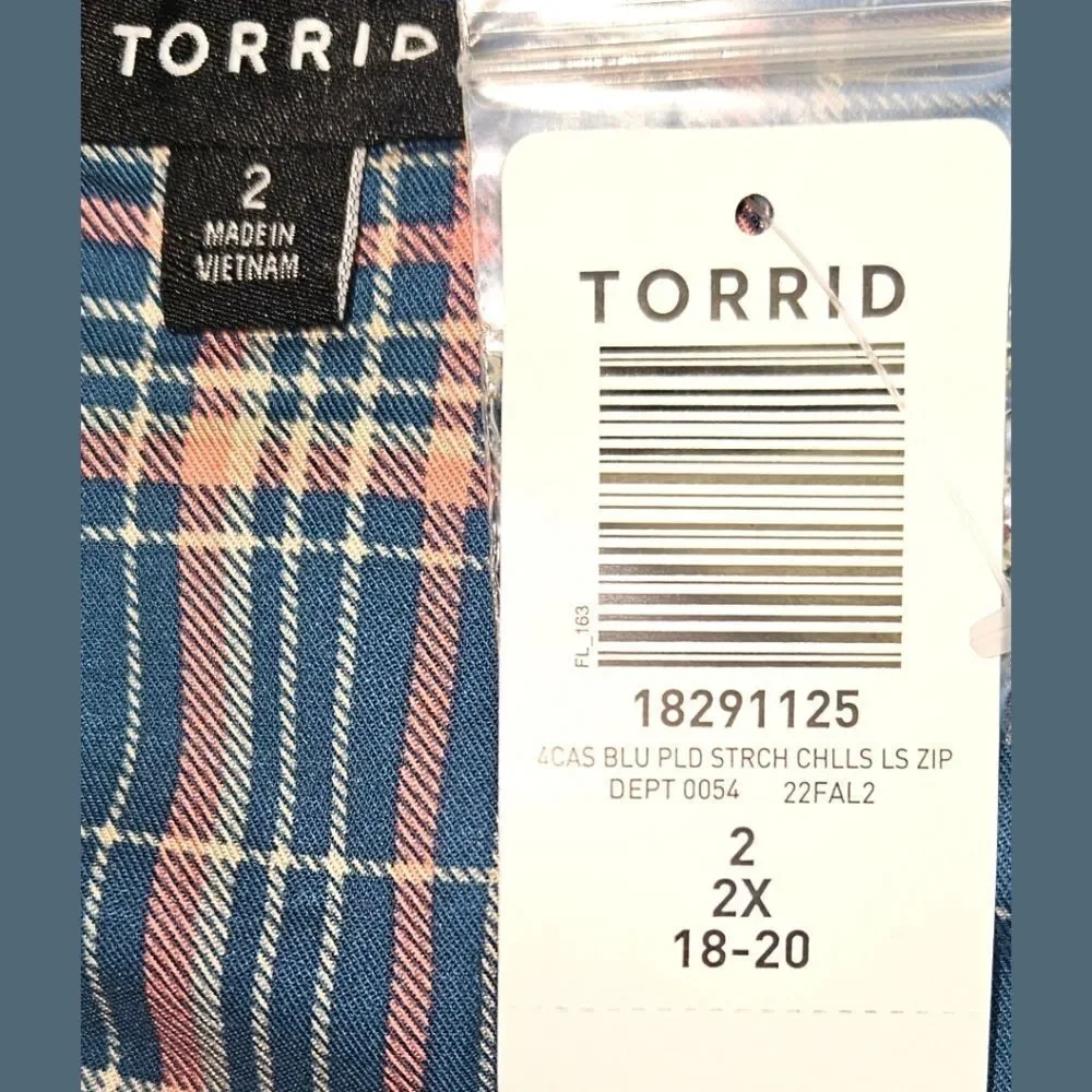 TORRID Blue & Pink Plaid Long Sleeve Stretch Challis Zip-Front Midi Dress 2X